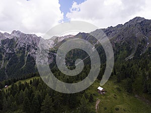 Dolomites aerial view landscape, Val di Fassa,Trentino Alto Adige, northern Italy, Europe, view from Val Monzoni