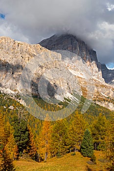 Dolomites, during the day to the Lagazuoi Mountains in the background of the beautiful Pelmo, Averau and Lastoi de Formin mountain