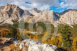 Dolomites, during the day to the Lagazuoi Mountains in the background of the beautiful Pelmo, Averau and Lastoi de Formin mountain