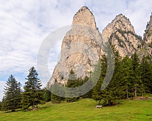Dolomites European Alps background. Rocky mountains near Selva di Val Gardena, in Alto Adige, South Tyrol. No people photo