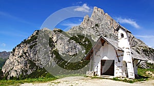 Dolomites landscape with ancient chirch. photo