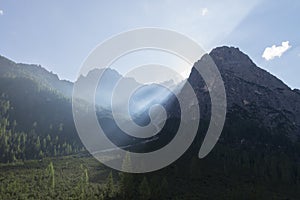 Dolomites landscape and beautiful sunrays on the mountain, Dolomites, Sudtirol, Trentino Alto Adige, Italy