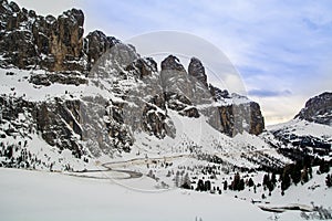 Dolomites landscape panorama in winter, Italy, Passo Gardena mountain pass