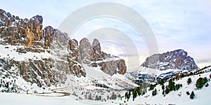 Dolomites landscape panorama in winter, Italy, Passo Gardena mountain pass