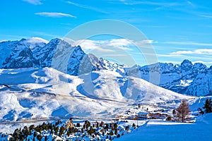 Dolomites landscape panorama in winter, Italy, Passo Sella mountain pass