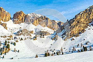 Dolomites landscape panorama in winter, Italy, Pian Frataces-Gherdecia photo