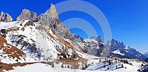 Dolomites mountain landscape with peak Punta rolle in San Martino di Castrozza.