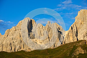 DOLOMITES mountain range in the Italian Alps in summer at sunset