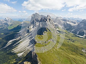The Dolomites mountain range Italy part of the Southern Limestone Alps. Mountain aerial Hiking trekking majestic rugged