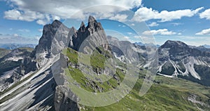 The Dolomites mountain range Italy part of the Southern Limestone Alps. Mountain aerial Hiking trekking majestic rugged