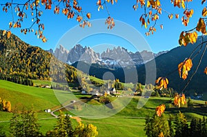 Dolomites mountain village in autumn