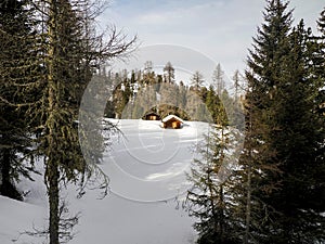 dolomites snow panorama wooden hut val badia armentarola hill