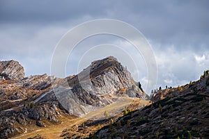 Dolomites to the Lagazuoi Mountains in the background of the beautiful Pelmo, Averau and Lastoi de Formin mountain peaks, near the