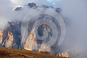 Dolomites to the Lagazuoi Mountains in the background of the beautiful Pelmo, Averau and Lastoi de Formin mountain peaks, near the