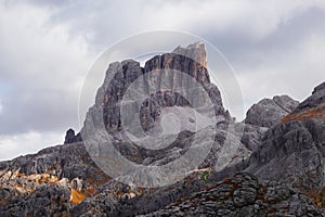 Dolomites to the Lagazuoi Mountains in the background of the beautiful Pelmo, Averau and Lastoi de Formin mountain peaks, near the