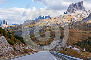 Dolomites to the Lagazuoi Mountains in the background of the beautiful Pelmo, Averau and Lastoi de Formin mountain peaks, near the