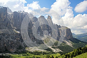 Dolomites valley with mountains roads and