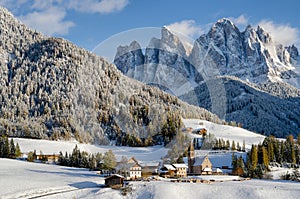Dolomites village in the snow in winter
