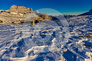 Dolomiti Alps landscape in winter at sunset