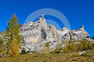 Autumn mountains yellow trees landscape in the Alps