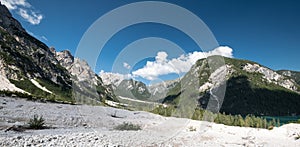 Dolomiti mountain, Croda del Becco peak great trekking trail over Lago di Braies