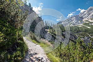 Dolomiti mountain, Croda del Becco peak great trekking trail over Lago di Braies