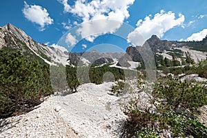 Dolomiti mountain, Croda del Becco peak great trekking trail over Lago di Braies