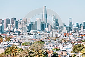 Dolores Park, San Francisco, California. color landscape photo of park with palm trees in foreground and san francisco photo