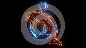 Dolphin around an anchor, an ancient symbol of the sea, digital neon video