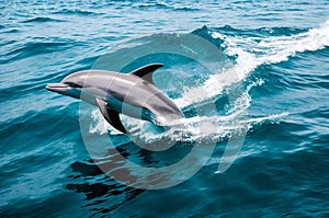 A dolphin breaches the ocean\'s surface in a playful arc, momentarily defying the boundary between water and air.