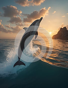 A dolphin breaching very calm waters during sunset