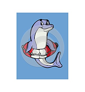 dolphin cartoon character entered through the lifebuoy and smiles illustration