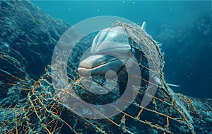 A dolphin caught in a fishing net affected by human acting