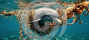 Dolphin caught in fishing net, showcasing the detrimental effects of human waste on marine life.