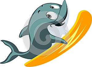 Dolphin cute flat design surfing isolated on white background