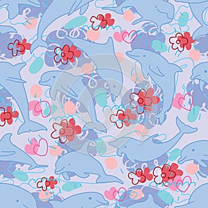 Dolphin cute pastel flower seamless pattern