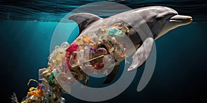 Dolphin deep underwater with plastic debris in ocean. Ecology problems. Generative AI