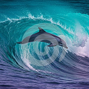 A dolphin (Delphinus delphis) gracefully leaps through a turquoise wave, highlighting photo