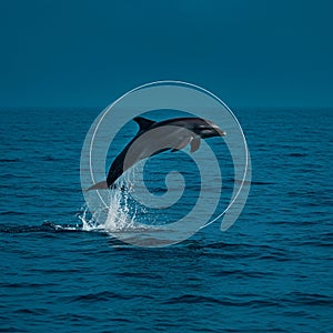 A dolphin (Delphinus delphis) leaps out of the ocean, its body gracefully arcing photo