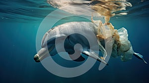 A dolphin entangled in a plastic bags in the ocean. Environmental Protection.