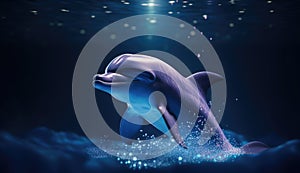 Dolphin floating in the ocean. Dolphin in magic light. Glowing particles around the dolphin