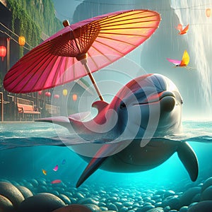 A dolphin floating in a pool with a colorful umbrella floatin