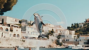 Dolphin gracefully leaps above beachgoers, AI-generated.