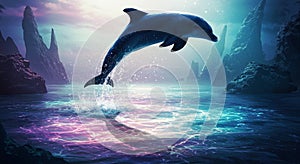 A dolphin gracefully leaps out of a serene, colorful sea, creating splashes and a photo
