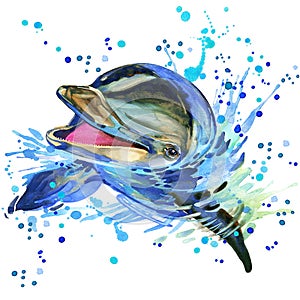 Dolphin illustration with splash watercolor textured background