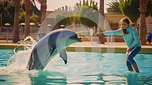 Dolphin instructor, teaching aquarobic and tricks in a water park