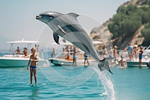 Dolphin jump in the blue sea in a picturesque place