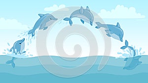 Dolphin jump out of water. Cartoon marine landscape with jumping dolphins and splashes. Cute ocean dolphin character