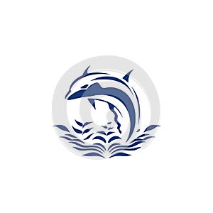 Dolphin jumping above waves. Monochrome dolphin isolated on a white background. The logo template. Vector illustration.