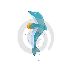 Dolphin, jumping with ball, sea animal performing in public in dolphinarium vector Illustration on a white background
